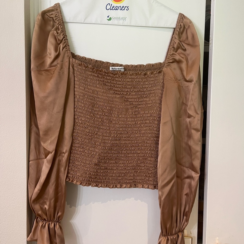 Reformation Tan Smocked Blouse
